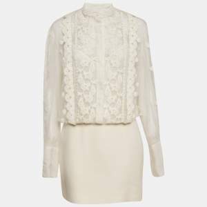 Valentino White Silk and Wool Blend Embellished Lace Detail Mini Dress M