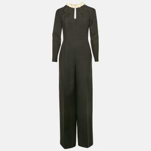 Valentino Black Wool Blend Leather Applique Detail Jumpsuit M 