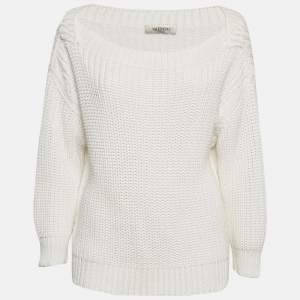 Valentino White Crochet Cotton Knit Long Sleeve Sweater S