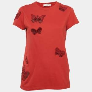 Valentino Red Cotton Butterfly Appliqued T-Shirt S 