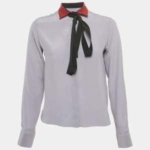 Valentino Grey Silk Contarst Neck Detail Shirt S