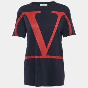 Pre Owned Valentino Navy Blue VLogo Cotton T-Shirt S