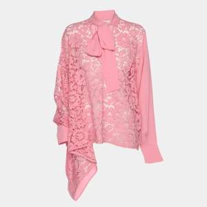 Valentino Pink Silk Lace Neck Tie Blouse S