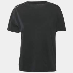 Pre Owned Valentino Black Cotton Knit Stud Detail Crew Neck T-Shirt S
