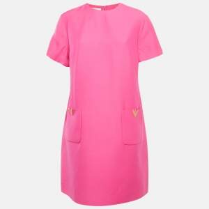 Pre Owned Valentino Pink Wool Blend V Metal Detail Shift Dress L