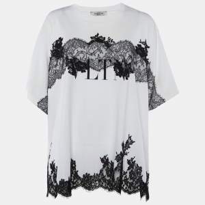 Pre Owned Valentino White Cotton Knit & Black Lace Paneled Oversized T-Shirt M