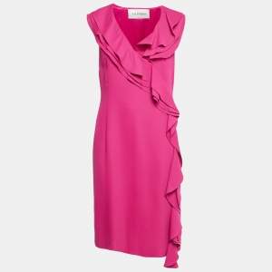 Valentino Pink Crepe Asymmetrical Ruffle Detailed Sleeveless Knee -Length Dress L  