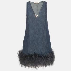 Pre Owned Valentino Blue Feather Trim Denim Shift Dress S