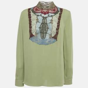 Pre Owned Valentino Green Embroidered Detail Silk Blouse L