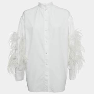 Valentino White Ostrich Feather Trim Cotton Oversized Shirt S