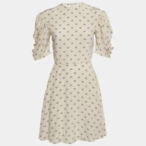 Pre Owned Valentino Cream Logo Print Silk Gathered Sleeve Mini Dress S