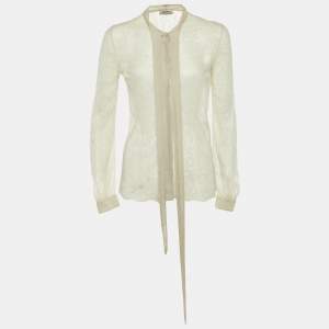 Pre Owned Valentino Pale Grey Lace Neck Tie Sheer Blouse S 