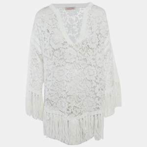 Pre Owned Valentino White Lace Fringed Loose Fit Mini Dress M