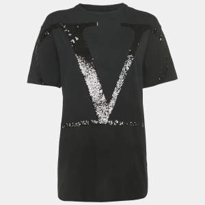 Pre Owned Valentino Black Cotton VLogo Sequence Embellished Crew Neck T-Shirt M 