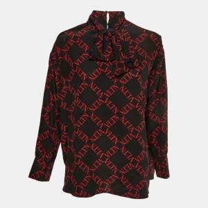 Pre Owned Valentino Black/Red VLTN Print Silk Blend Tie-Up Neck Detail Blouse L