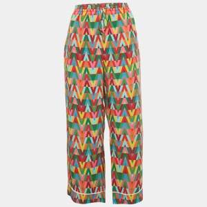 Pre Owned Valentino Multicolor V-Optical Print Silk Drawstring Trousers L 