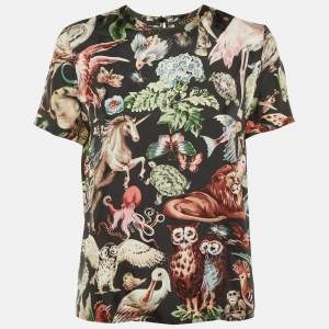 Pre Owned Valentino Black Animal Fantasy Print Silk Top S 