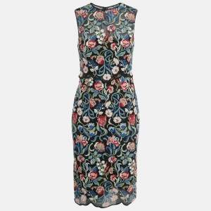 Pre Owned Valentino Black Floral Embroidered Mesh Sheath Midi Dress S 