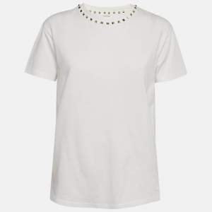 Pre Owned Valentino Garavani White Rockstud Jersey Crewneck T-Shirt S