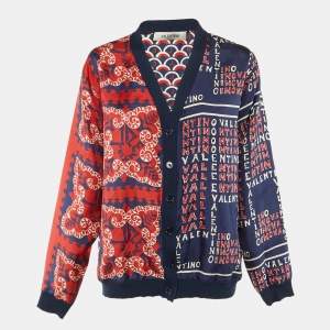 Pre Owned Valentino Navy Blue Printed Silk & Wool Cardigan L