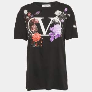 Pre Owned Valentino Black Floral V Logo Print Cotton T-Shirt L