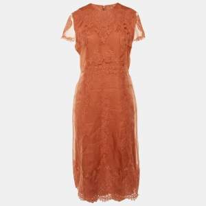 Pre Owned Valentino Orange Lace & Organza Midi Dress M