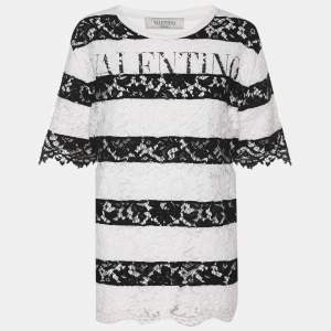 مملوكة مسبقًا Valentino White/Black Lace and Jersey Logo Tops XL