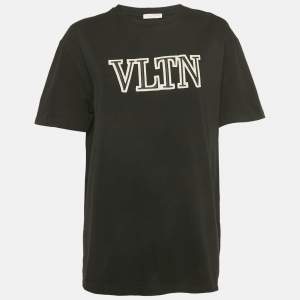 Pre Owned Valentino Black Cotton VLTN Appliqued Crew Neck T-Shirt M