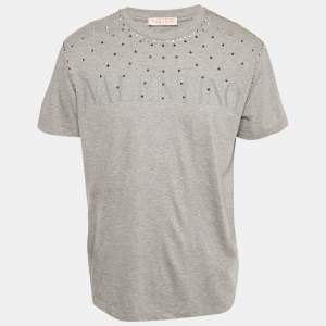 Pre Owned Valentino Grey Logo Printed Cotton nit Embellished Detail T-Shirt L