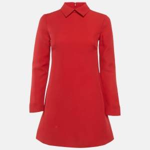 Pre Owned Valentino Red Wool & Silk Crepe Collared Mini Dress S