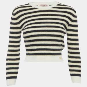 Pre Owned Valentino White/Blue Striped Lurex Rib Knit Top M