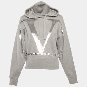 مملوكة مسبقًا Valentino Grey Logo Sequin Cotton Knit Hooded Sweatshirt M