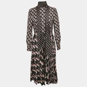Pre Owned Valentino Black/Pink Printed Silk Plissé Midi Dress M