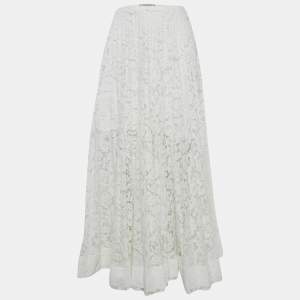 Pre Owned Valentino White Floral Lace Pleated Maxi Skirt S