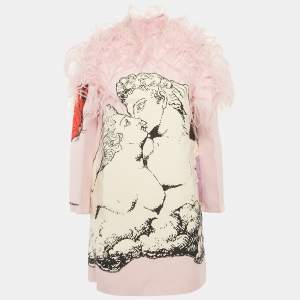 مملوكة مسبقًا فستان فالنتينو وردي مزيج من الصوف بفيونكة ريش بطبعة جرافيكية مقاس صغير - سمول