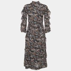 مملوكة مسبقًا Valentino Black Floral Print Silk Ruffled Midi Dress S