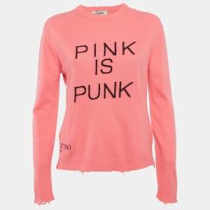Pre Owned Valentino Pink Intarsia Wool Knit Distressed Sweater S