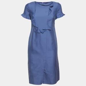 Pre Owned Valentino Blue Silk Blend Ruffle Mini Dress S