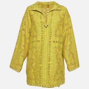 Pre Owned Valentino Yellow Logo Jacquard Oversized Top and Shorts Set L