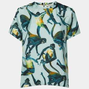 مملوكة مسبقًا Valentino Blue Monkey Printed Silk Top M