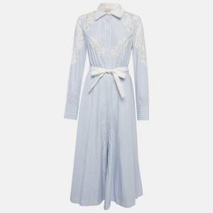 مملوكة مسبقًا Valentino Blue Striped Cotton Beaded Maxi Dress M