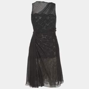 Pre Owned Valentino Black Lace and Chiffon Draped Midi Dress L
