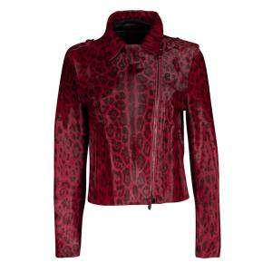 Pre Owned Valentino Red Leopard Pattern Calf Fur Zip Front Biker Jacket M