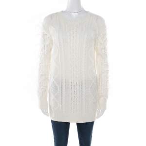 Pre Owned Valentino Ivory Chunky Knit Wool Ostrich Feathered Full Sleeve Pullover S