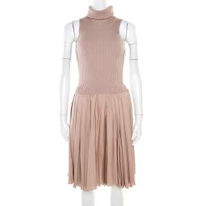 Pre Owned Valentino Beige Ribbed Wool and Silk Pleated Sleeveless Turtleneck Dress M