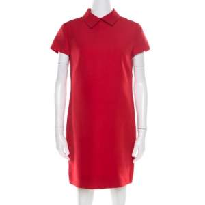 Pre Owned Valentino Red Wool and Silk Collared Short Sleeve Dress M