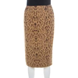 Pre Owned Valentino Beige Leopard Print Angora & Silk Blend Pencil Skirt S