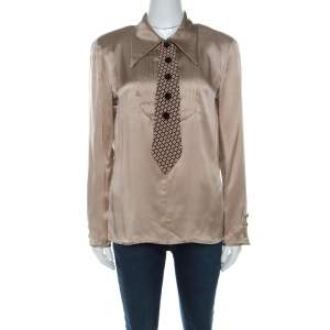 Pre Owned Valentino Boutique Vintage Beige Satin Silk Button Front Tie Detail Blouse L