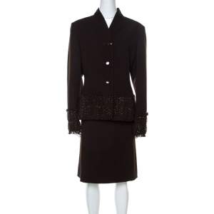 Pre Owned Valentino Brown Wool Embellished Detail Skirt Suit L