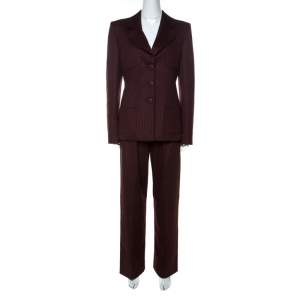 Pre Owned Valentino Burgundy Pinstripe Cashmere Classic Tailored Pantsuit M 